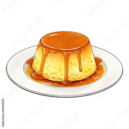 Caramel Perfection of Flan. A delicious watercolor vector illustration of Flan, a smooth and creamy Spanish caramel custard, served on a white plate with caramel sauce dripping down the sides