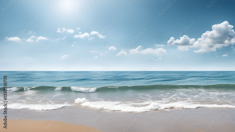 Gentle ocean waves caress a pristine sandy beach under a bright summer sky. Gentle ocean waves caress a pristine sandy beach under a bright summer sky.