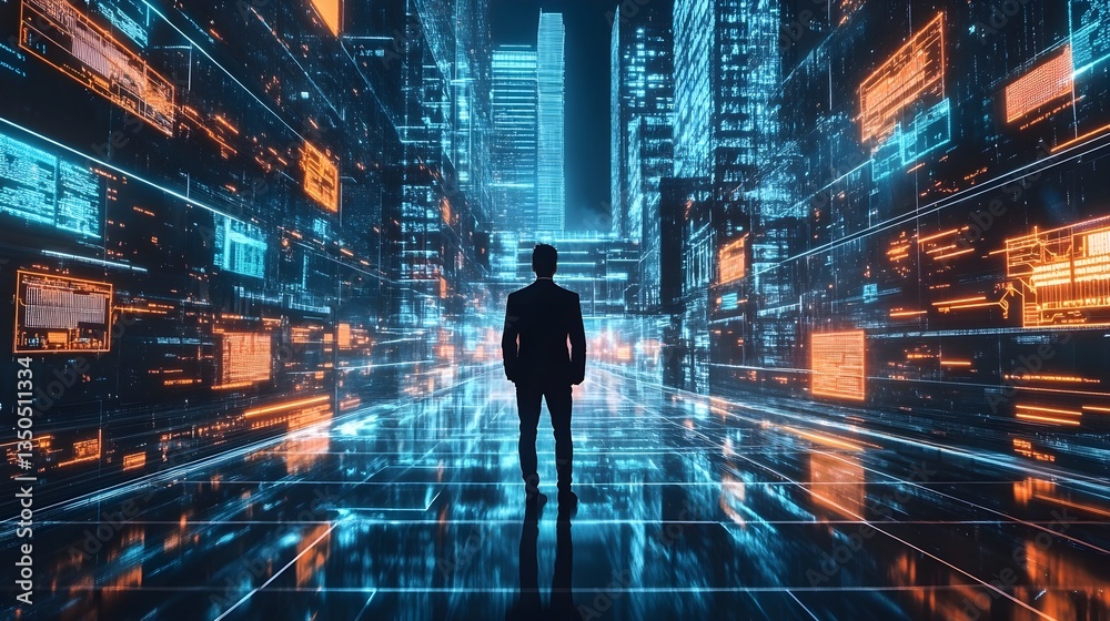 Fototapeta premium Digital Frontier: A silhouetted figure stands at the gateway to a technological realm, surrounded by glowing data streams, capturing the essence of innovation and the future.
