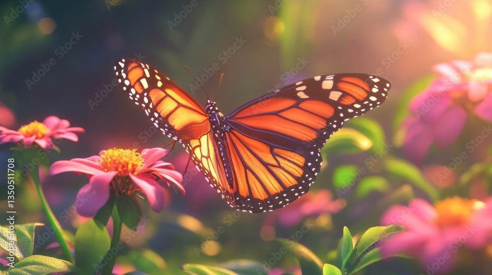 Fototapeta premium Monarch Butterfly Fluttering Over Vibrant Flowers in a Lush Garden Under Soft Sunlight