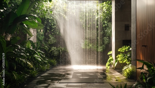 Indoor nature shower experience with cascading water and vibrant tropical foliage creates serene ambiance