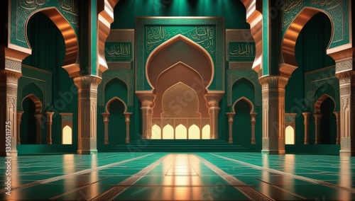 Luxurious islamic golden background. Elegant mosque background. Green islamic golden ceremony award stage venue background. 