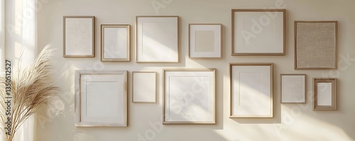 Bright family room wall mockup with multiple frames and light toned decor