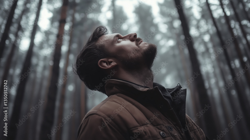 Naklejka premium Masculine Forest Landscape with Straight-Up Trees, Captured from Below, Looking Up in a Powerful and Outgoing Style, Landscape Photography