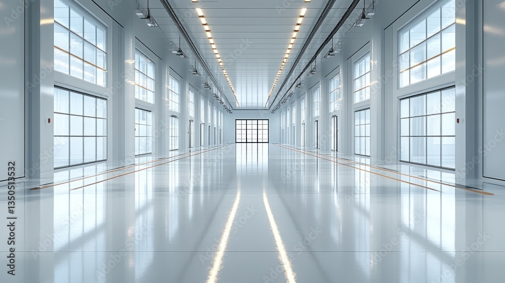Modern Industrial Hallway: Clean Lines, Bright Spaces, and Reflective Floors Modern Industrial Hallway: Clean Lines, Bright Spaces, and Reflective Floors