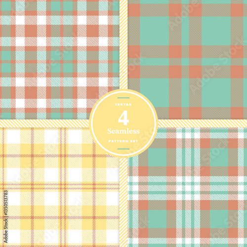 Modern Midnight Charcoal & Cream Bisque Seamless Tartan Fabric Design Set of 4