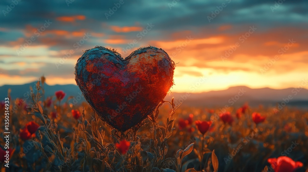 Fototapeta premium Vibrant heart shaped rock embedded in a field of colorful autumn foliage set against a dramatic fiery sunset sky with moody clouds This scene evokes a sense of romance passion