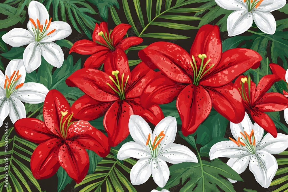 Obraz premium Vibrant Red and White Lilies Tropical Floral Seamless Pattern