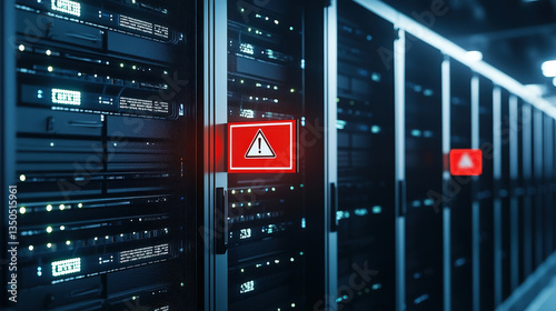 Disaster recovery warning on server rack in data center indicating system failure and cybersecurity risk
