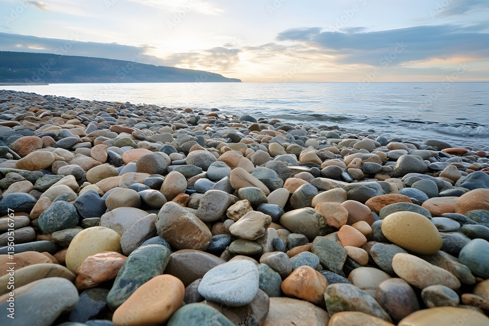 Stunning Sunset Beach Scene with Colorful Smooth Stones Stunning Sunset Beach Scene with Colorful Smooth Stones