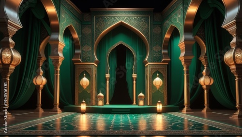 Luxurious islamic golden background. Elegant mosque background. Green islamic golden ceremony award stage venue background. 