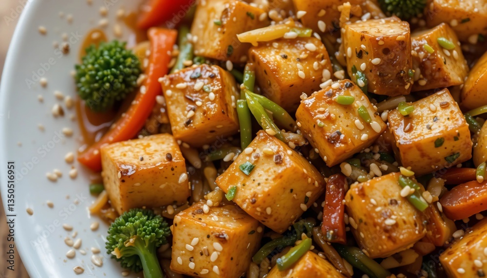 Delicious Sesame Tofu Stir Fry with Colorful Vegetables and Noodles