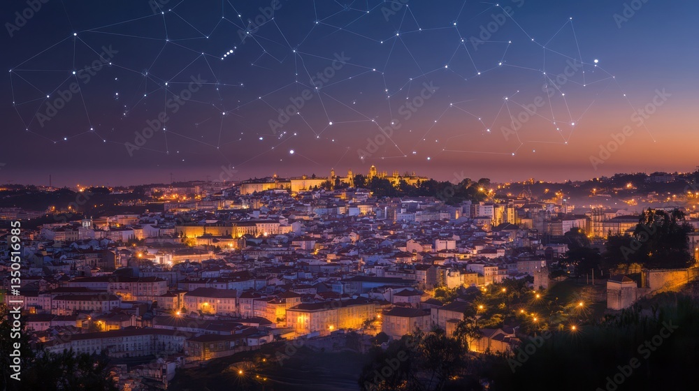 Naklejka premium Cityscape at Dusk with Constellation Overlay