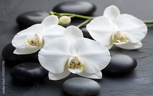 Serene Spa Still Life, White Orchids and Black Stones