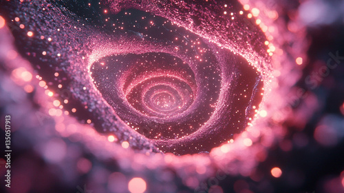 Swirling cosmic vortex of pink and purple light particles creating a mesmerizing space scene