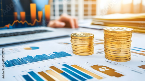 Gold coins stacks on financial reports