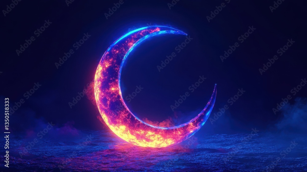 Fototapeta premium Glowing Crescent Moon Above a Dark Blue Sea