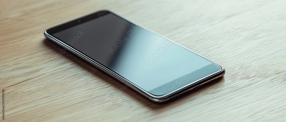 Modern smartphone with blank screen laying on bright wooden desk surface Modern smartphone with blank screen laying on bright wooden desk surface