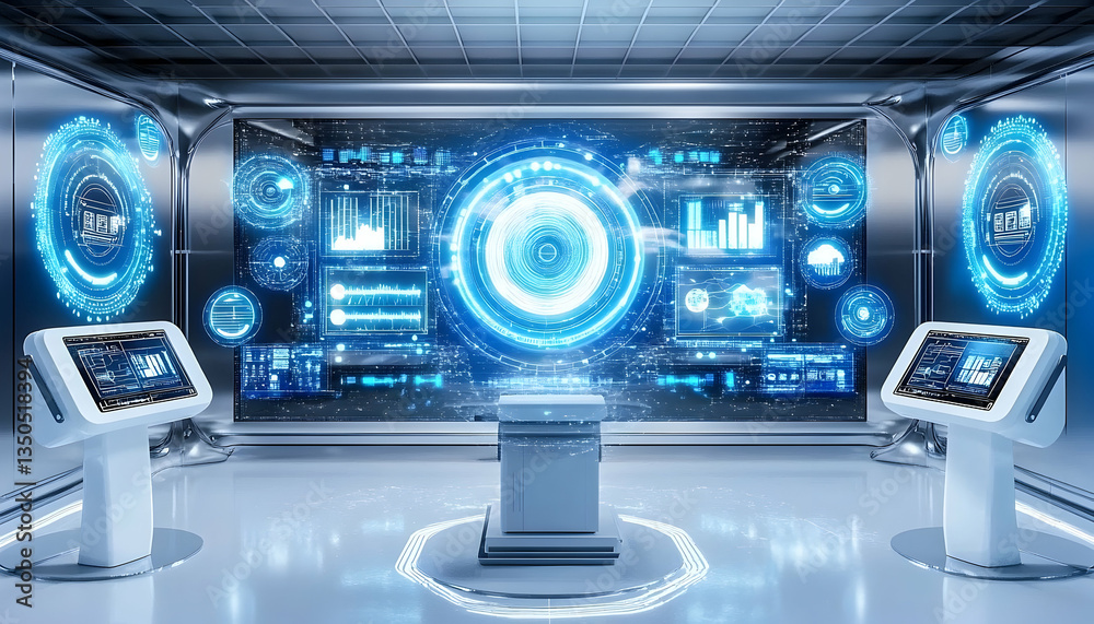 Fototapeta premium Futuristic control room with interactive displays and data visualizations