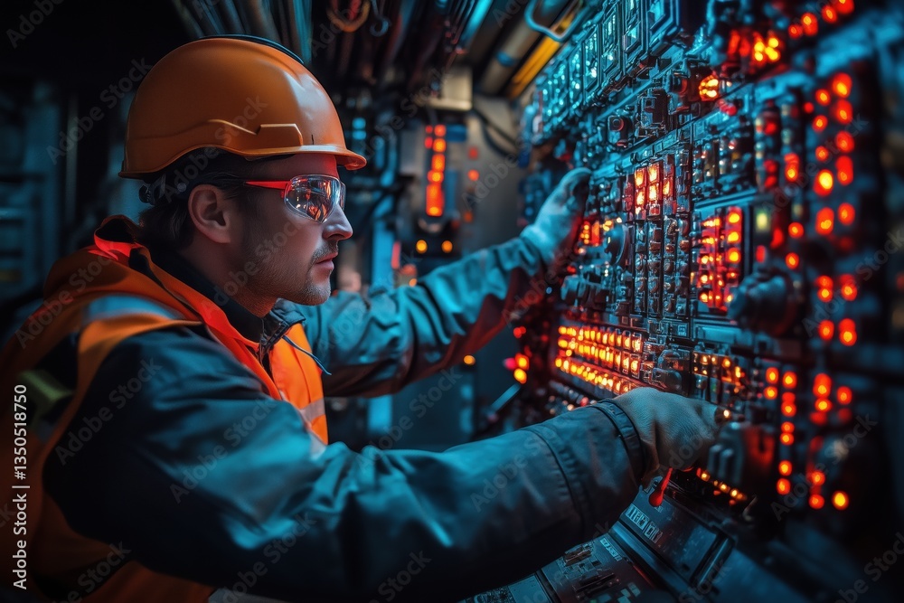 A technician relay protection and automation engineer in an orange safety vest and hard hat works on a control panel filled with glowing red lights and switches. The environment is dimly lit. A technician relay protection and automation engineer in an orange safety vest and hard hat works on a control panel filled with glowing red lights and switches. The environment is dimly lit.