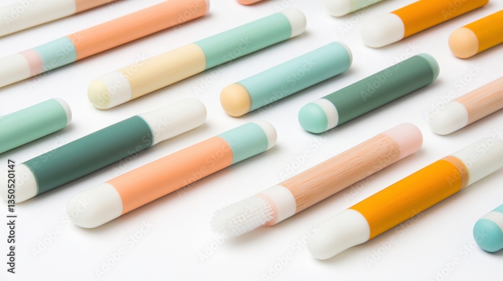 Bamboo Toothbrushes on White Background in Pastel Tones Bamboo Toothbrushes on White Background in Pastel Tones