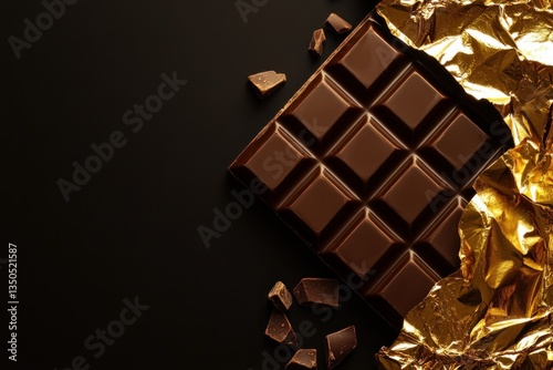 A luxurious chocolate bar wrapped in premium gold foil, partially unwrapped revealing glossy textures, soft and moody lighting