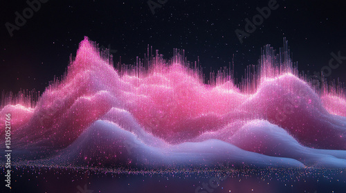 Vibrant digital landscape with pink and purple peaks, shimmering particles, and a starry background