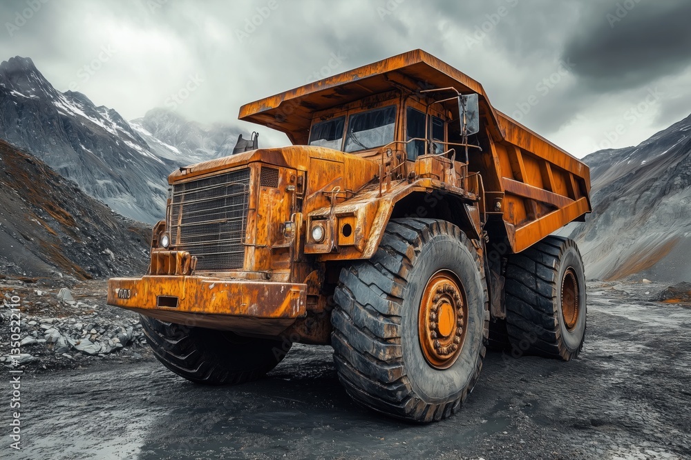An old, rusty dump truck parked on a rocky terrain with mountains in the background. The truck shows signs of wear and tear, with a weathered orange color and large tires. An old, rusty dump truck parked on a rocky terrain with mountains in the background. The truck shows signs of wear and tear, with a weathered orange color and large tires.