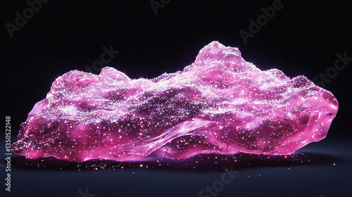 A vibrant, glowing pink crystal formation with sparkling particles set against a dark background
