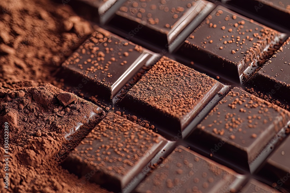 A perfectly aligned chocolate bar grid with cocoa dust lightly covering the surface, close-up shot emphasizing textures and details A perfectly aligned chocolate bar grid with cocoa dust lightly covering the surface, close-up shot emphasizing textures and details