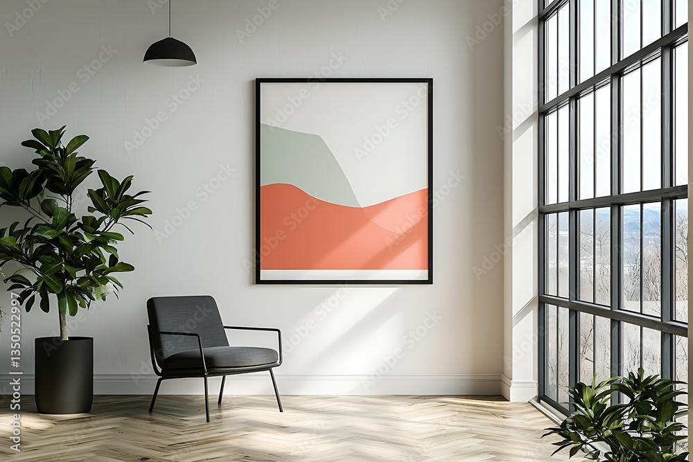 Bright office wall mockup featuring a sleek vertical frame with simple modern decor Bright office wall mockup featuring a sleek vertical frame with simple modern decor