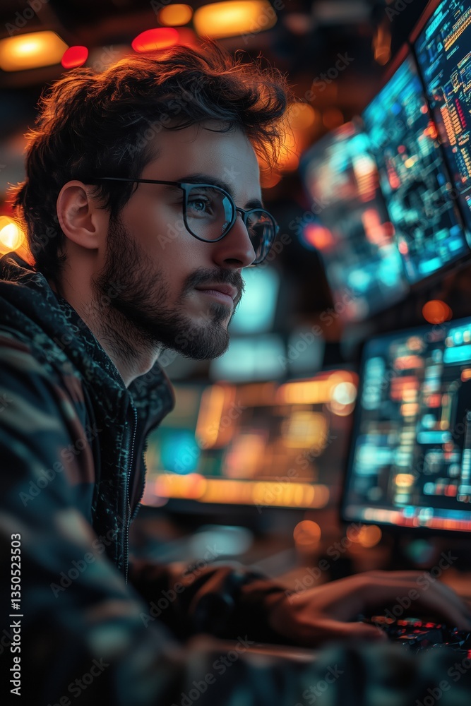 Obraz premium A focused young man systems engineer with glasses working on multiple computer screens in a dimly lit environment filled with colorful lights and data visualizations.