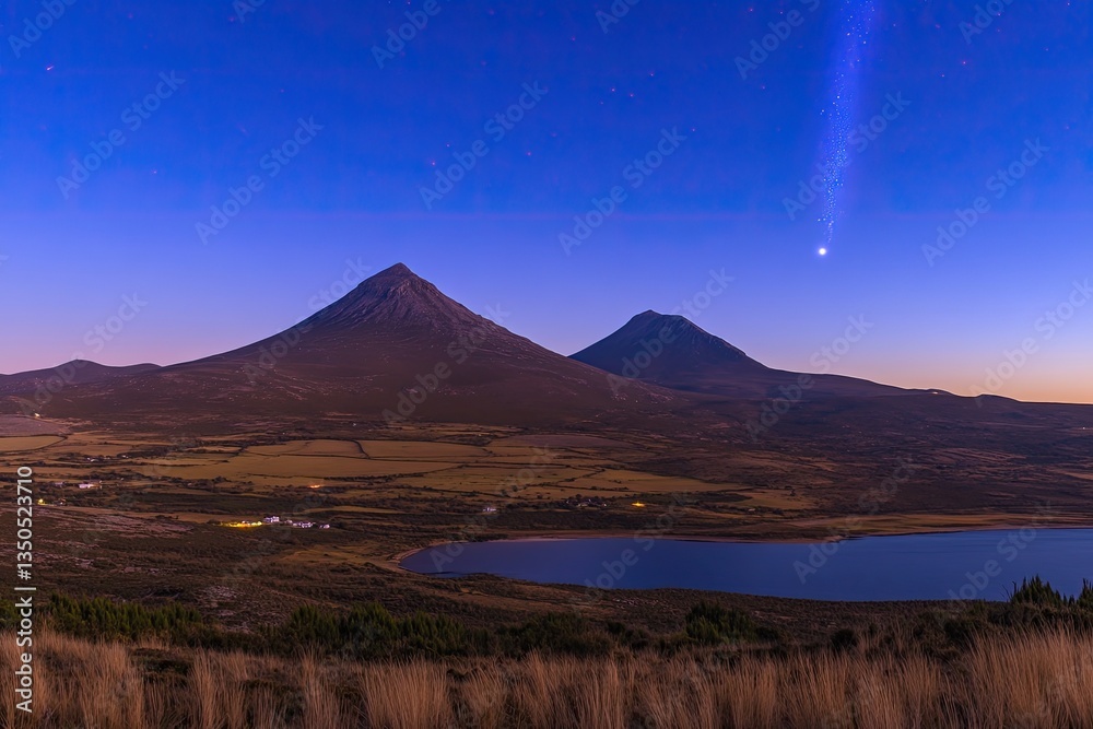 Fototapeta premium A Serene Evening Landscape Majestic Mountains, Tranquil Lake, and a Celestial Glimmer in the Dusk
