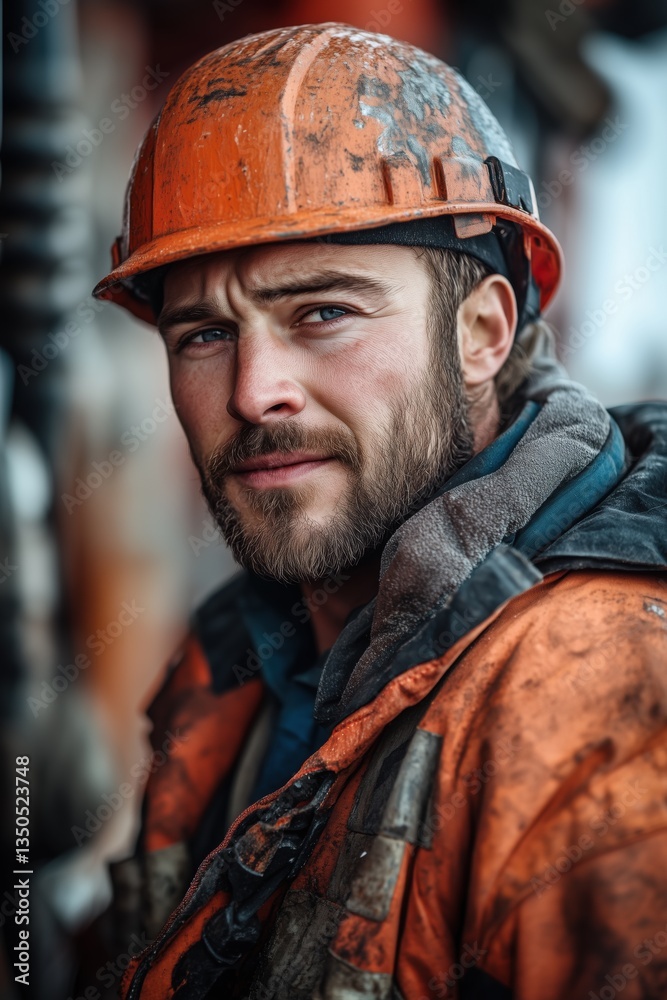 A well testing operator rugged male worker in an orange hard hat and weathered jacket, with a serious expression. The background is blurred, suggesting an industrial setting. A well testing operator rugged male worker in an orange hard hat and weathered jacket, with a serious expression. The background is blurred, suggesting an industrial setting.