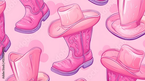Chic Seamless Pattern Featuring Pink Cowboy Boots and Hats for Fashion Design Projects