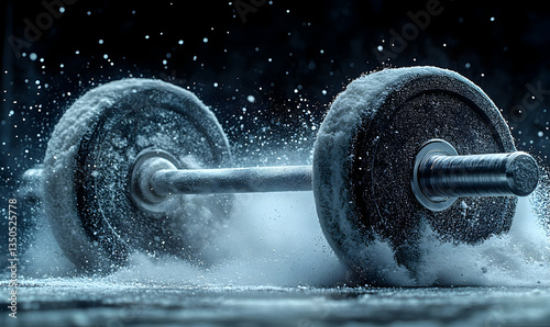 Frozen barbell in motion on icy floor
