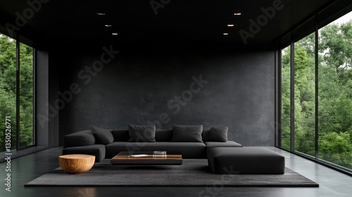 Modern minimalist living room with dark accents and large windows overlooking a lush green landscape