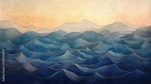 Serene abstract landscape of rolling blue waves under a soft sunrise, evoking tranquility and depth