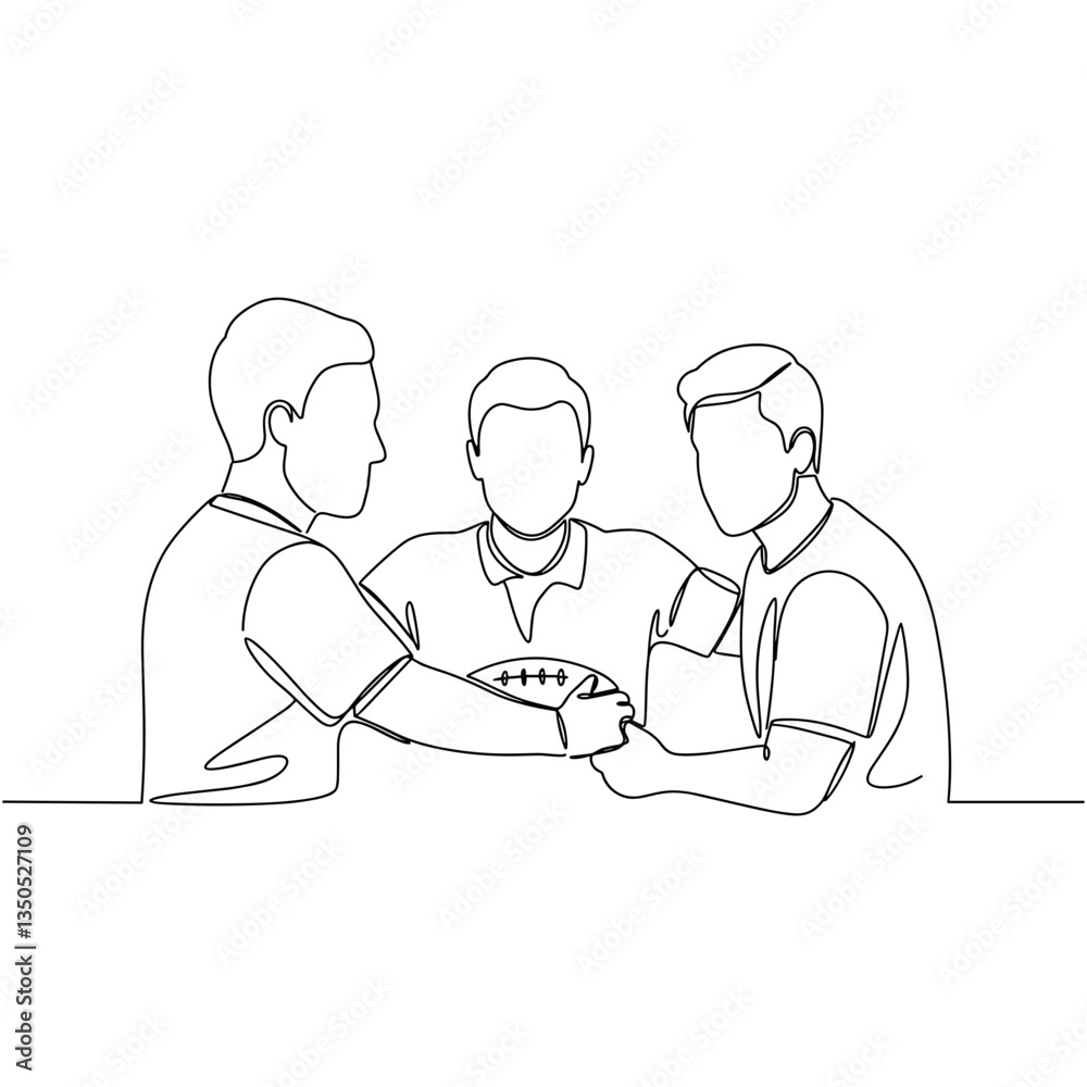 Team huddle in line art style, three figures forming a circle, symbolizing unity and collaboration Team huddle in line art style, three figures forming a circle, symbolizing unity and collaboration