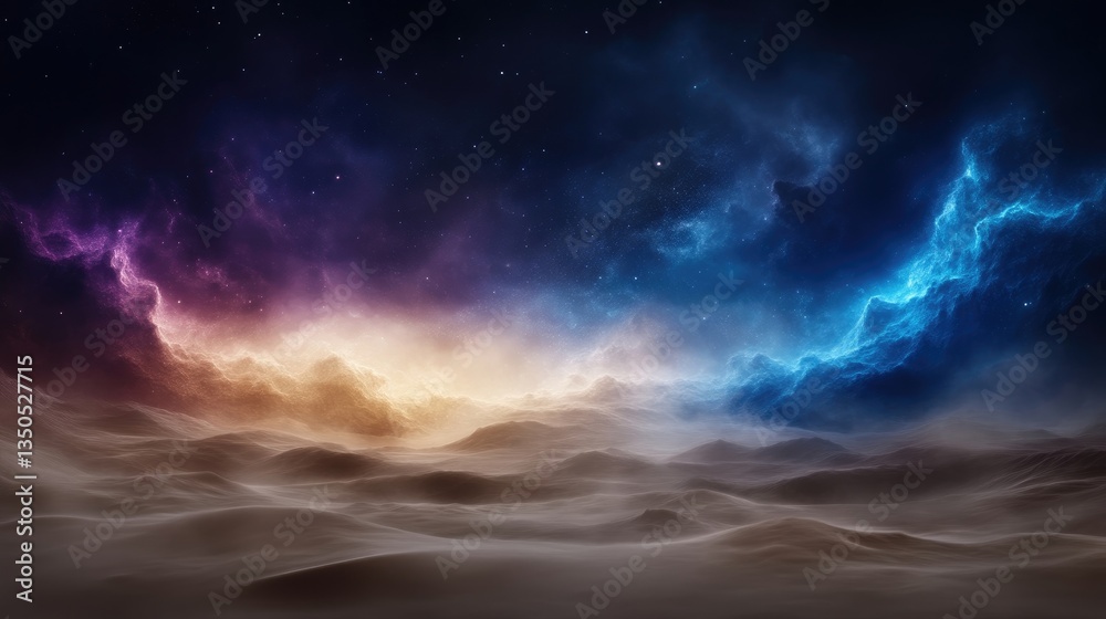 Fototapeta premium Cosmic desert landscape bathed in nebula light