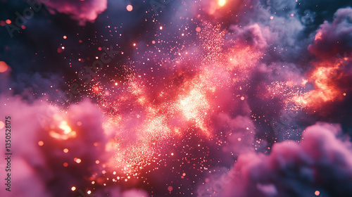 Vibrant cosmic scene showcasing swirling clouds of pink and purple hues filled with sparkling stars