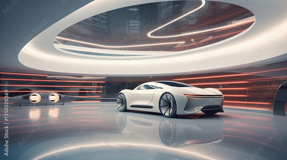 Obraz premium A high-tech automotive showroom with a sleek, white interior and soft light reflections.