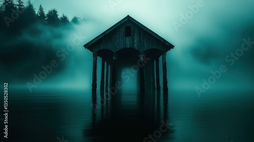 Mystical wooden boathouse shrouded in eerie morning mist over still water