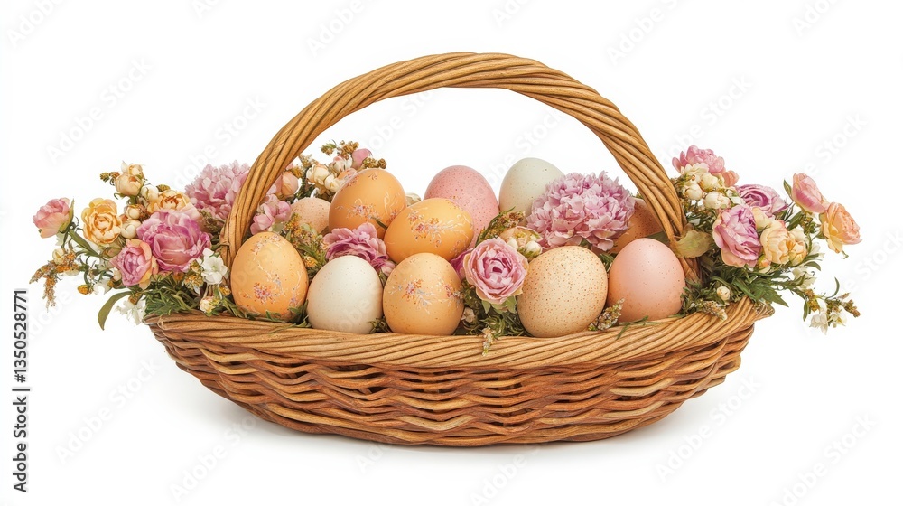 Naklejka premium Pastel Eggs and Flowers in Easter Basket