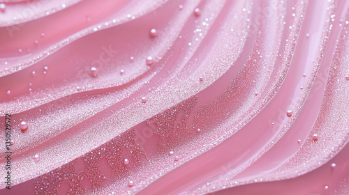 Abstract pink waves with shimmering glitter and droplets, creating a dreamy, soft texture background