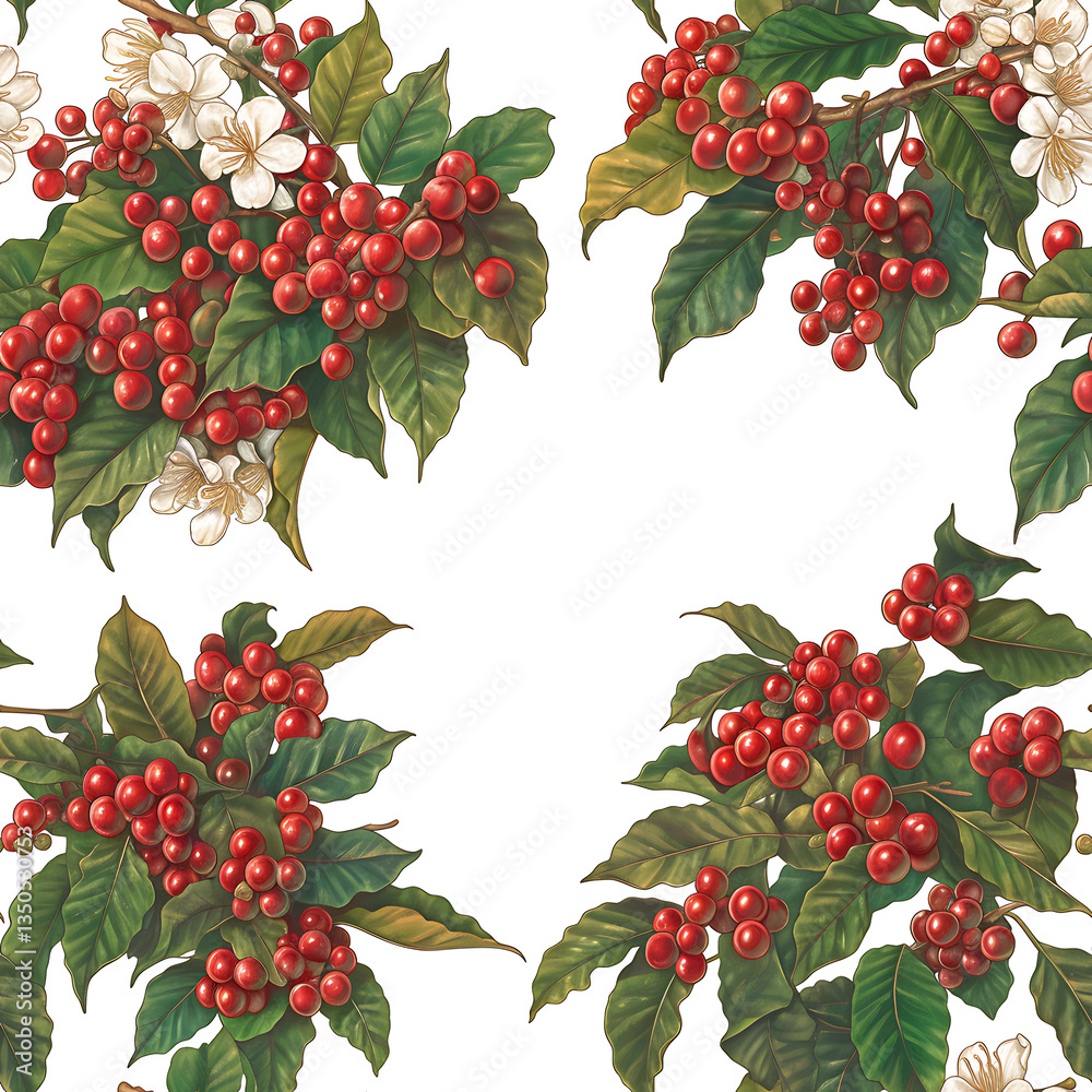 seamless pattern Realistic and artistic illustrations of coffee beans, brewing equipment, coffee cups for background or wallpaper