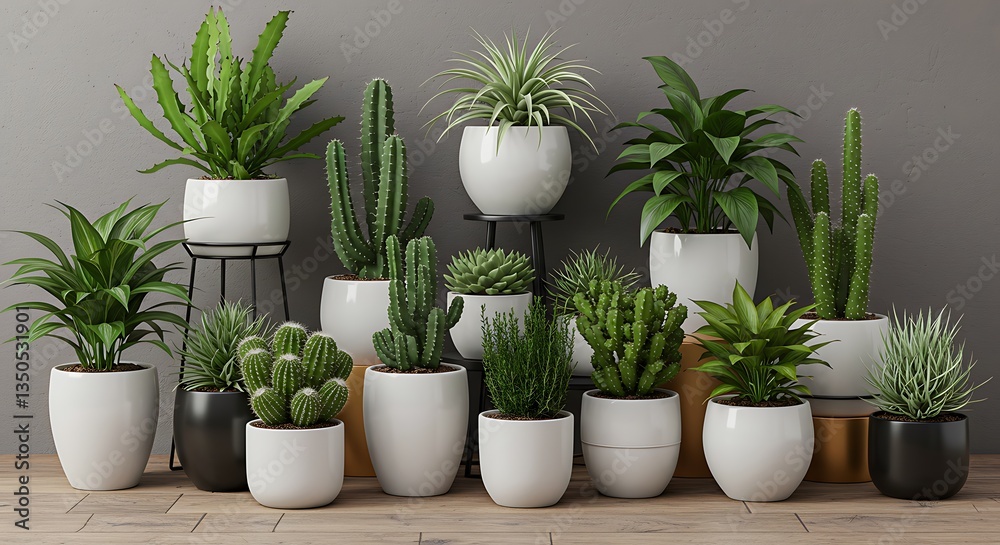 Fototapeta premium Modern home garden composition with a variety of lush plants, cacti, succulents, and air plants in stylish pots. A perfect botanical interior for home gardening lovers.