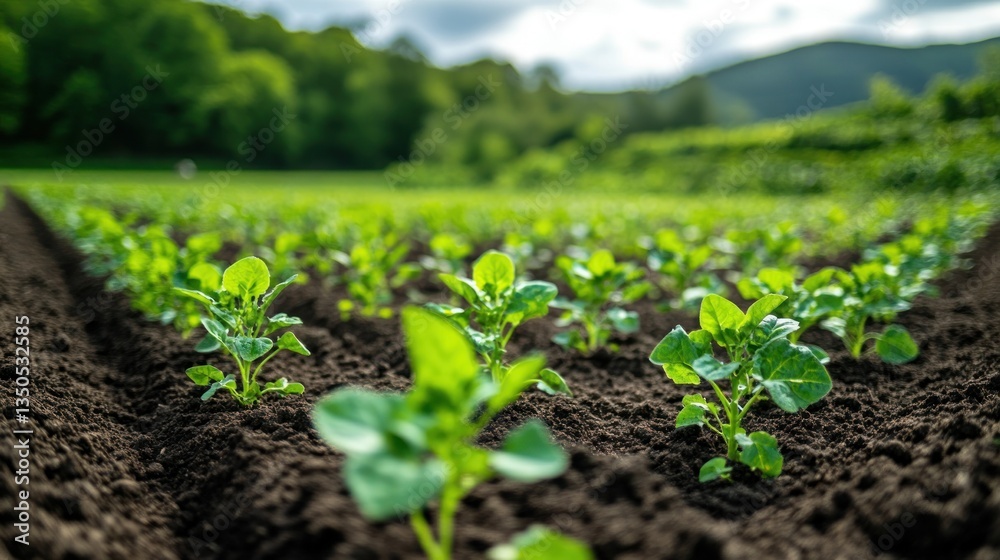 Young potato plants growing in rows, rural field, lush green landscape background. Use for agriculture, farming, food production Young potato plants growing in rows, rural field, lush green landscape background. Use for agriculture, farming, food production