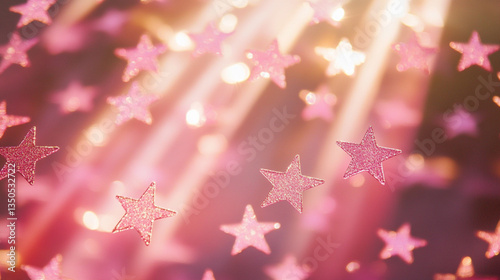 A dreamy scene of sparkling pink stars cascading through soft golden light, creating a whimsical atmosphere