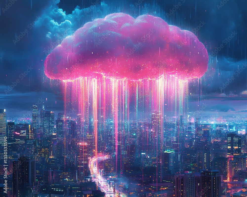 A playful and dreamy illustration of a pink brainshaped cloud releasing colorful rain over a vibrant city A playful and dreamy illustration of a pink brainshaped cloud releasing colorful rain over a vibrant city